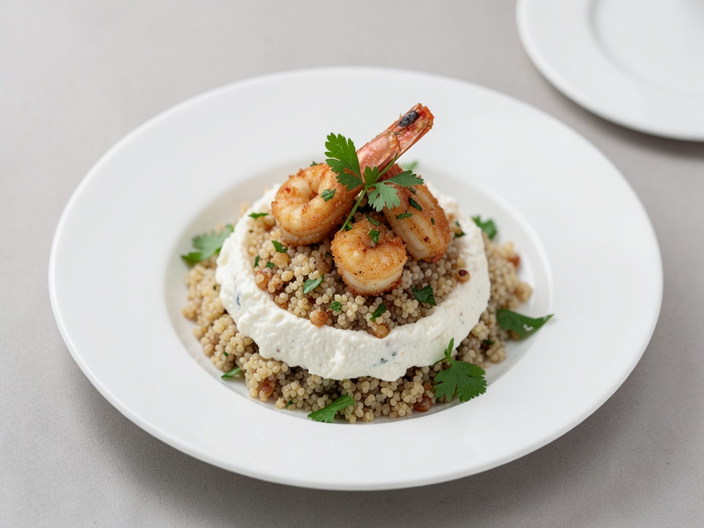 Crevettes croustillantes sur crème de quinoa et ricotta