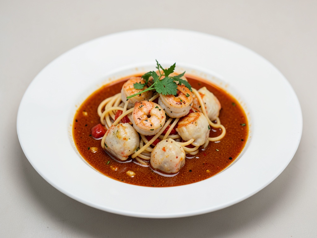 Bolitas creativas de gambas con fideos en caldo especiado