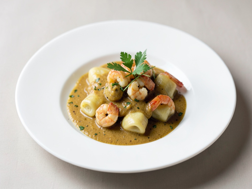 Ravioles creativos de gambas con salsa de curry de coco
