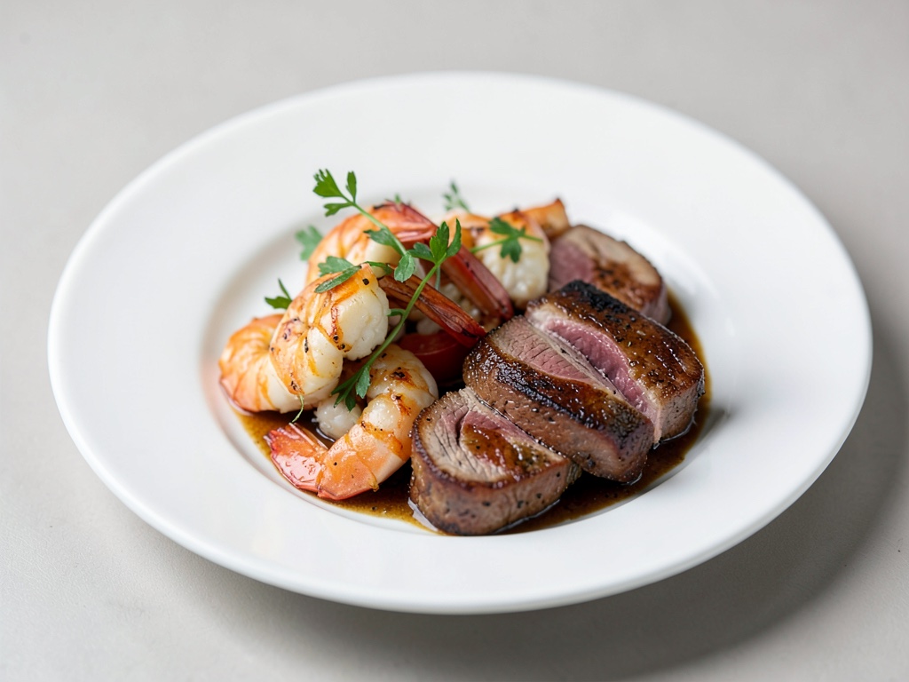Filetti di manzo con gamberi e involtini di roastbeef
