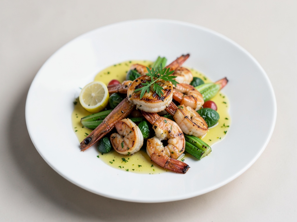 Gegrillte Garnelen und Gemüse mit Zitronen-Dressing