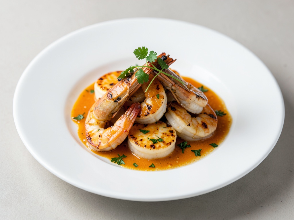 Gamberi e scaloppine di mare alla griglia con salsa all'arancia