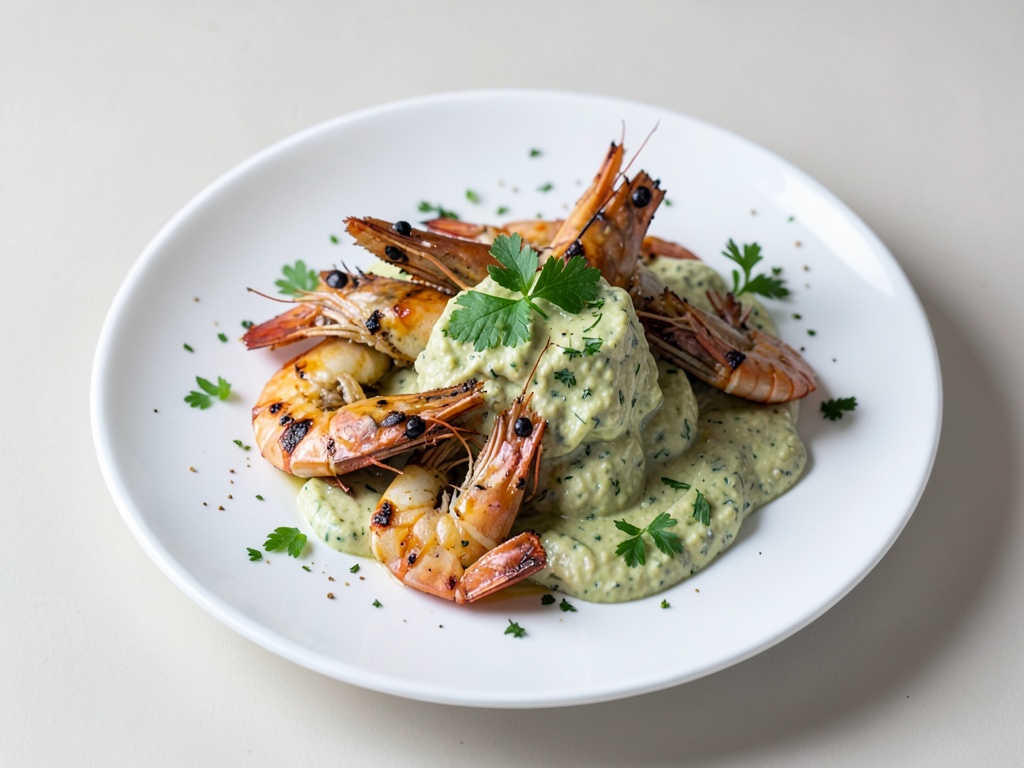 Gambas a la parrilla con crema de aguacate