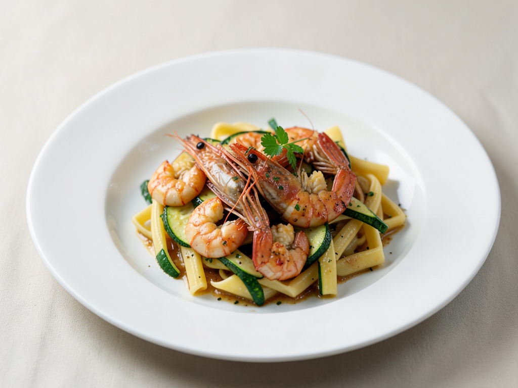 Garnelen mit Zucchini und Nudeln