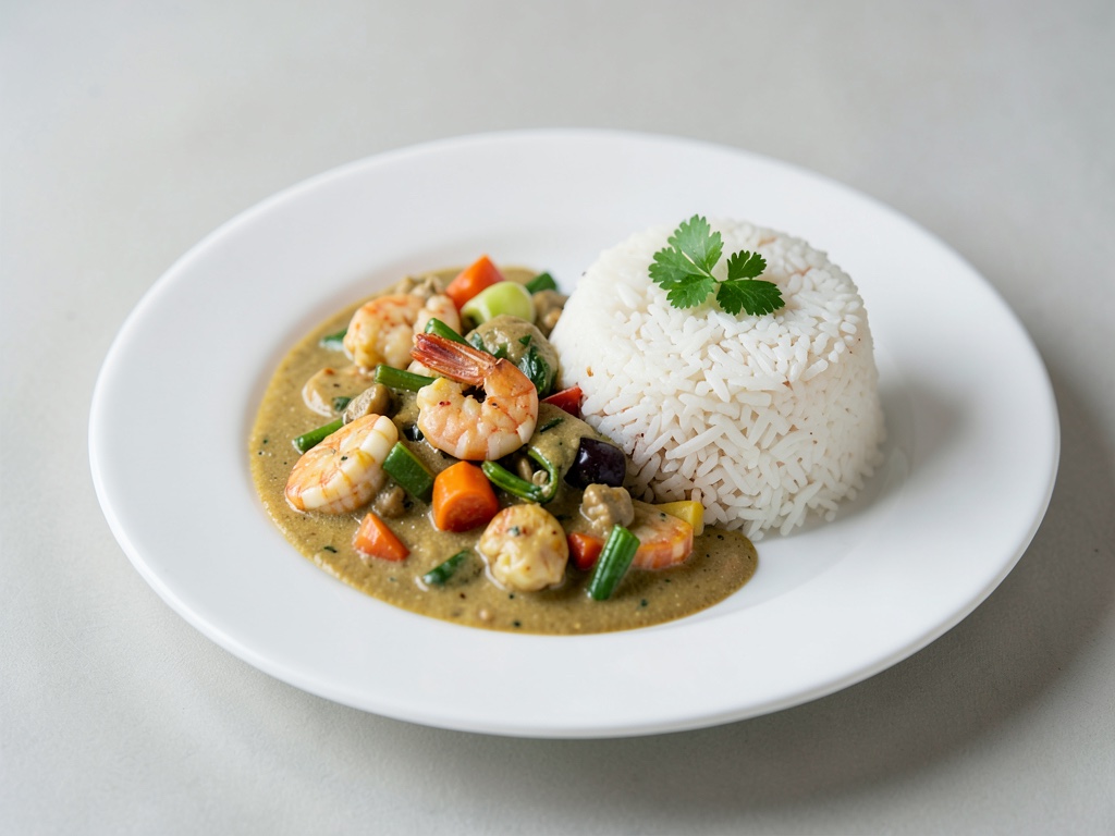 Cremiges Garnelen-Gemüse-Curry mit Reis