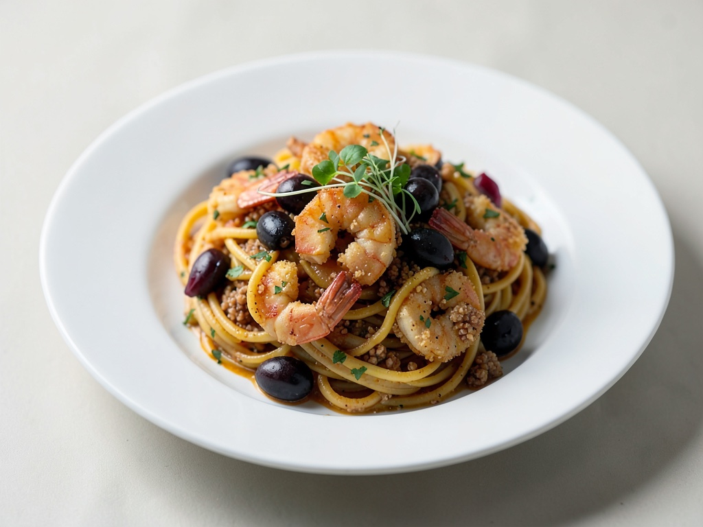 Gamberi croccanti sulla pasta con olive