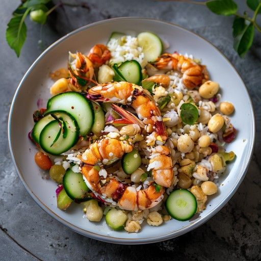 Insalata di gamberi fruttata con riso, cetriolo e anacardi tostati