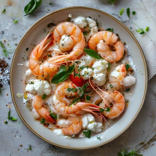 Gamberi con salsa cremosa al formaggio feta e pomodoro