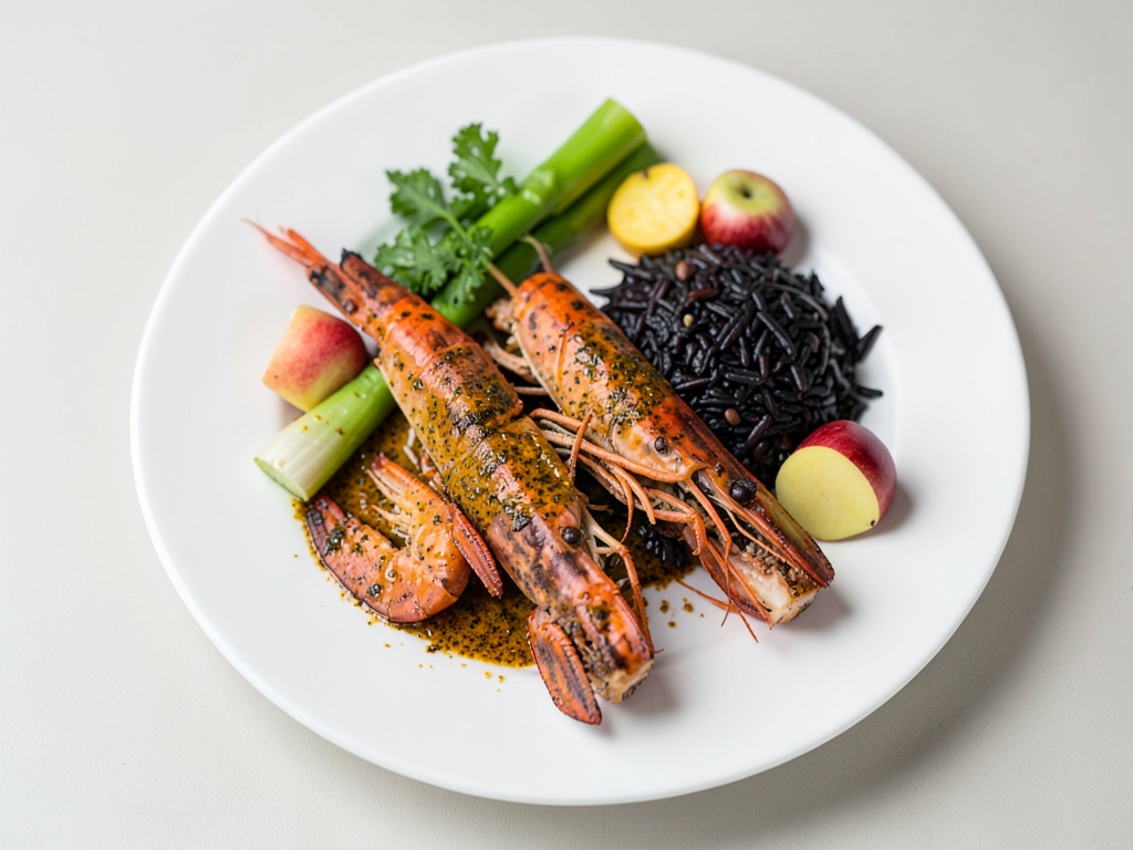 Spiedini di gamberi con asparagi, frutta e riso nero