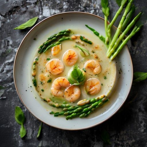 Zuppa cremosa di gamberi con asparagi verdi