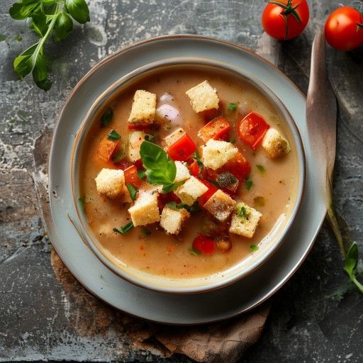 Rinfrescante zuppa fredda di pomodoro con crostini di pane croccanti