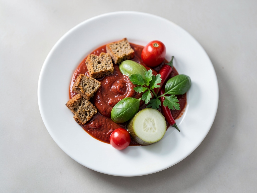 Zuppa fredda di pomodori rinfrescante con cubetti di pane croccanti
