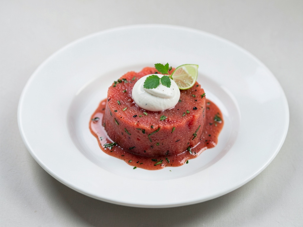 Gazpacho rinfrescante al melone d'acqua con panna acida e lime
