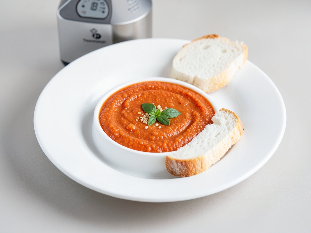 Zuppa fredda cremosa di pomodori con pane bianco nel Thermomix