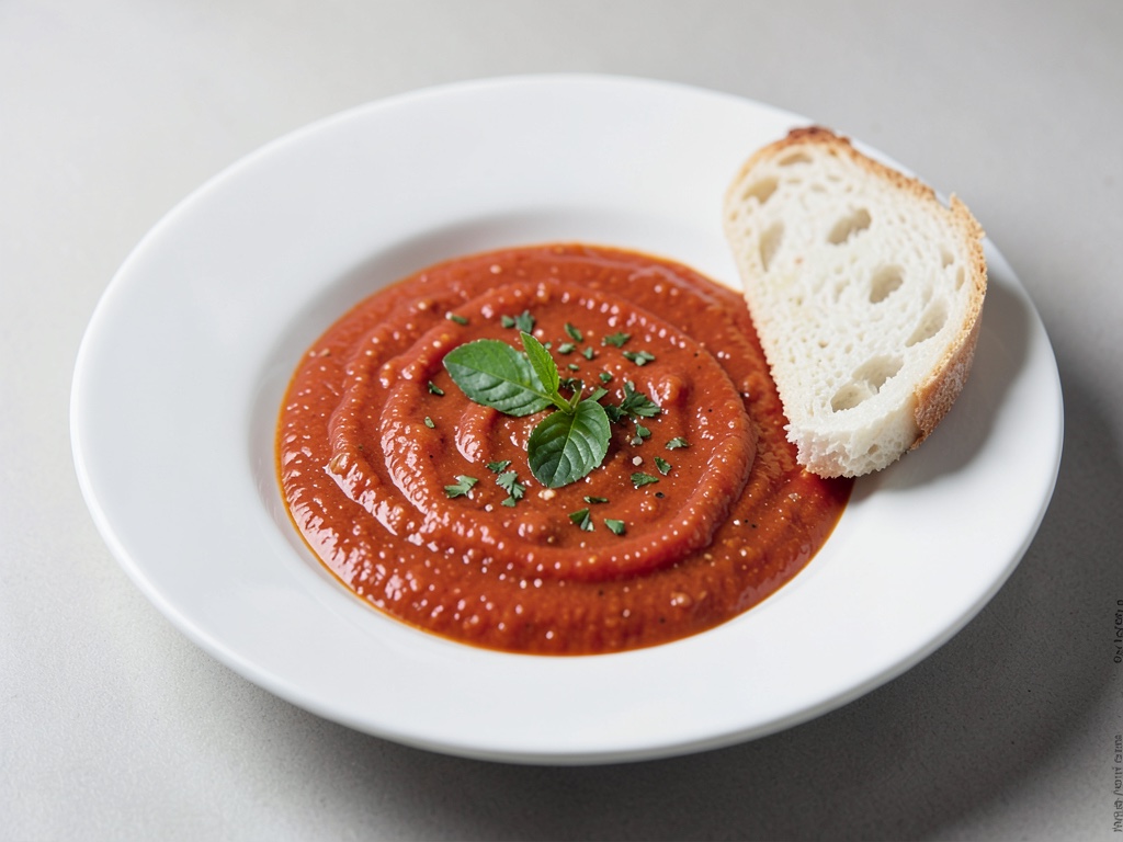 Sopa fría clásica de tomate con pan blanco remojado