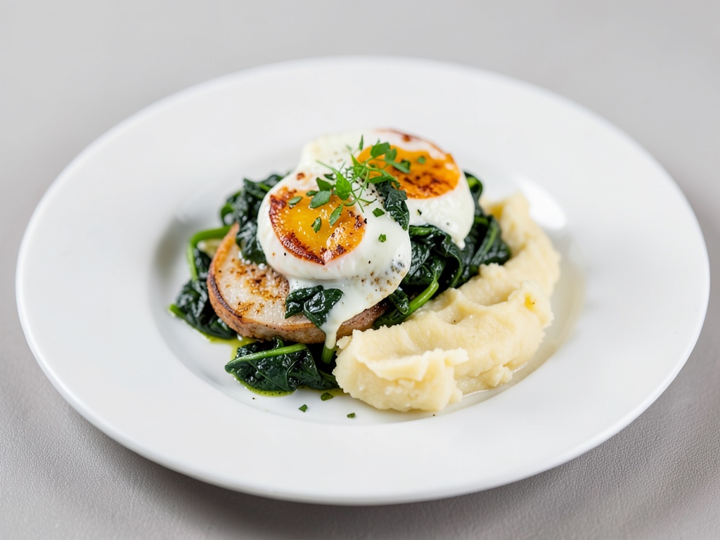Huevos al horno con espinacas, queso crema y puré de patatas