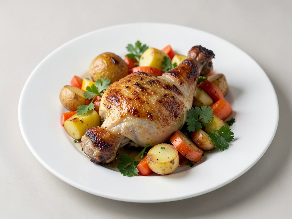 Cosce di pollo al forno con patate e verdure colorate