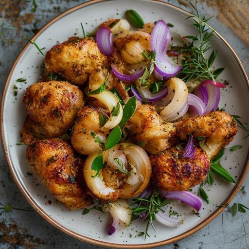 Muslos de pollo crujientes con cebollas y hierbas