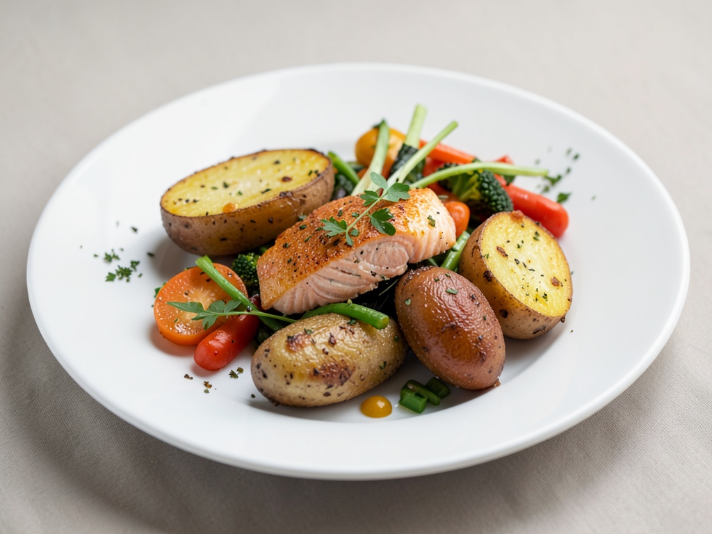 Pommes de terre au four avec saumon et légumes