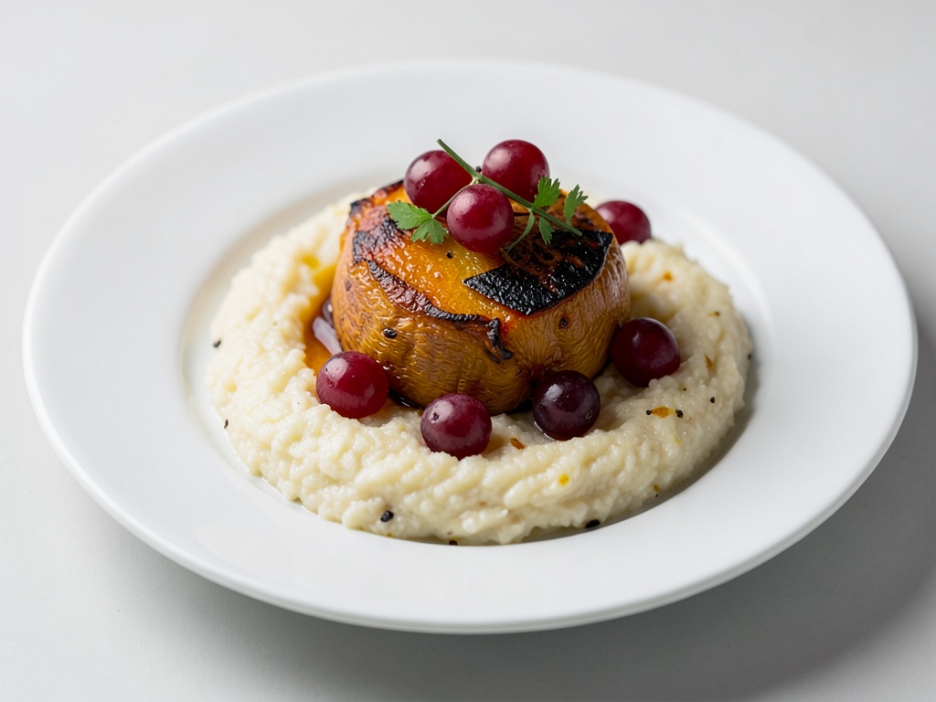 Courge au four avec raisins rouges sur polenta crémeuse