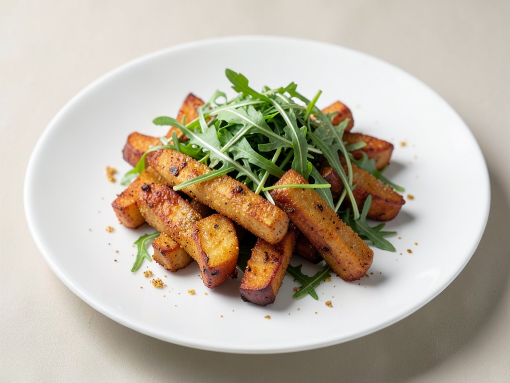 Bastoncini di patata dolce croccanti con insalata di rucola