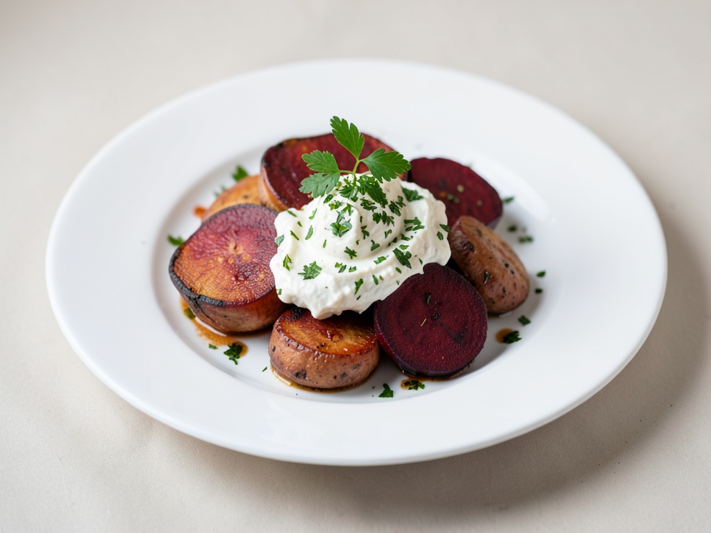 Verdure al forno di patate dolci e barbabietola rossa con formaggio fresco alle erbe
