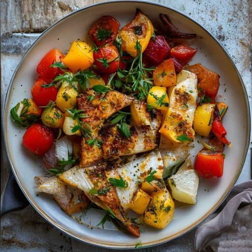 Pesce al forno con verdure colorate