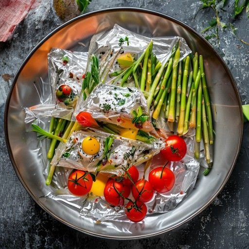 Pesce in pacchetti di carta alluminio con asparagi e pomodori