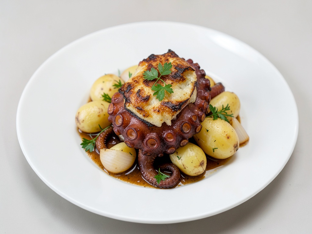 Poulpe au four avec pommes de terre et oignons