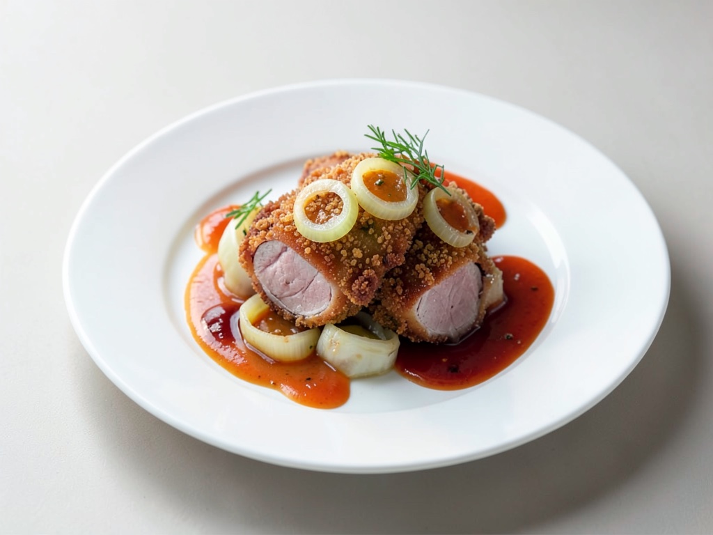 Filets de ombre chevalier croustillants frits avec anneaux de poireaux et sauce aux carottes au vin
