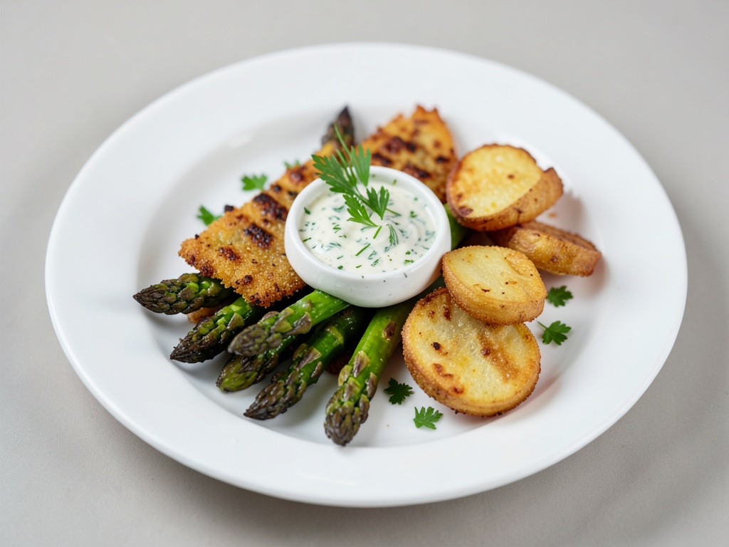 Asparago croccante al forno con dip alle erbe e patate fritte