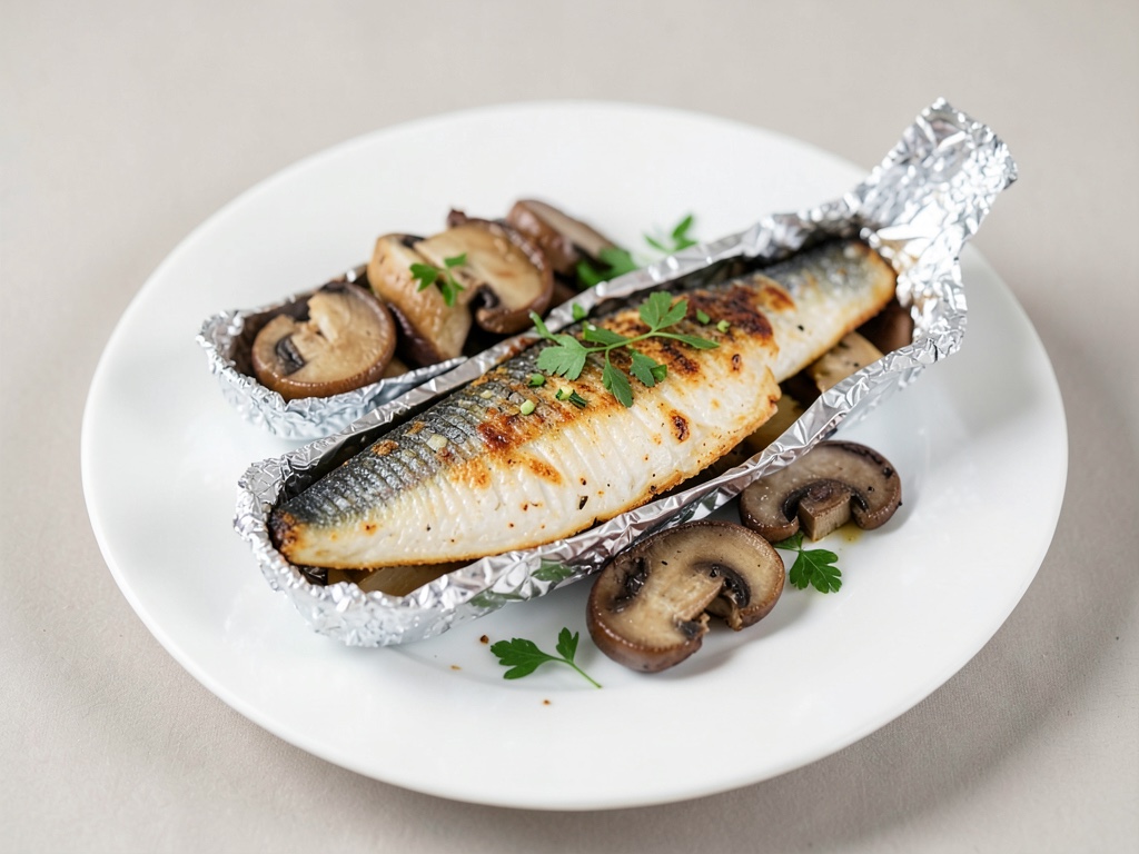 Filetti di pesce in pacchetti di carta alluminio con funghi champignon