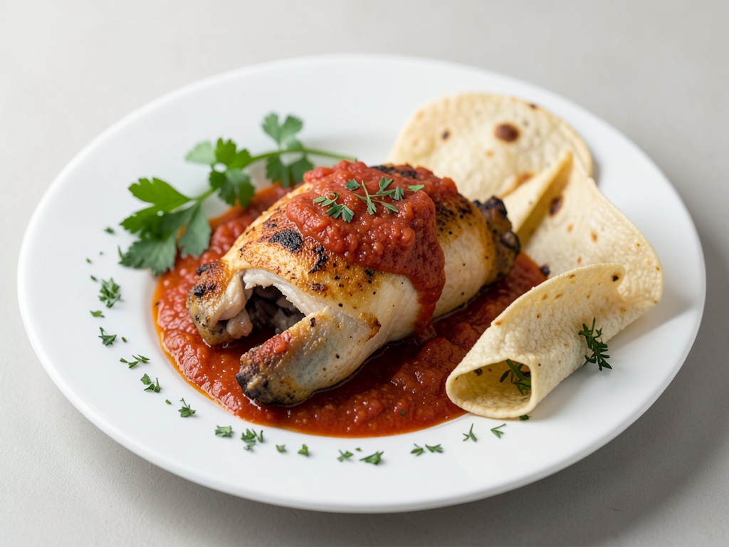Pollo al forno con salsa di pomodoro e tacos