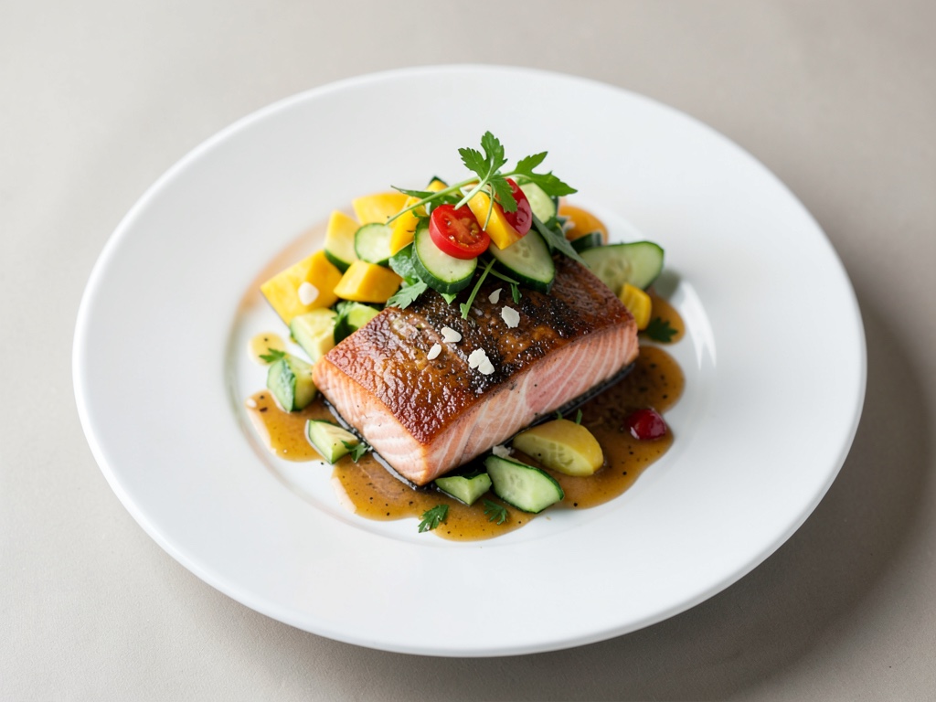 Salmone trota fresco con insalata di mango e cetriolo