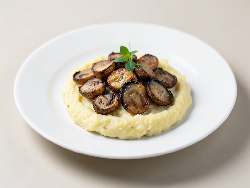 Funghi Orecchiette croccanti su polenta cremosa