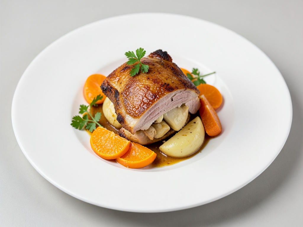 Anatra croccante con ripieno di patate e pere e verdure agli agrumi