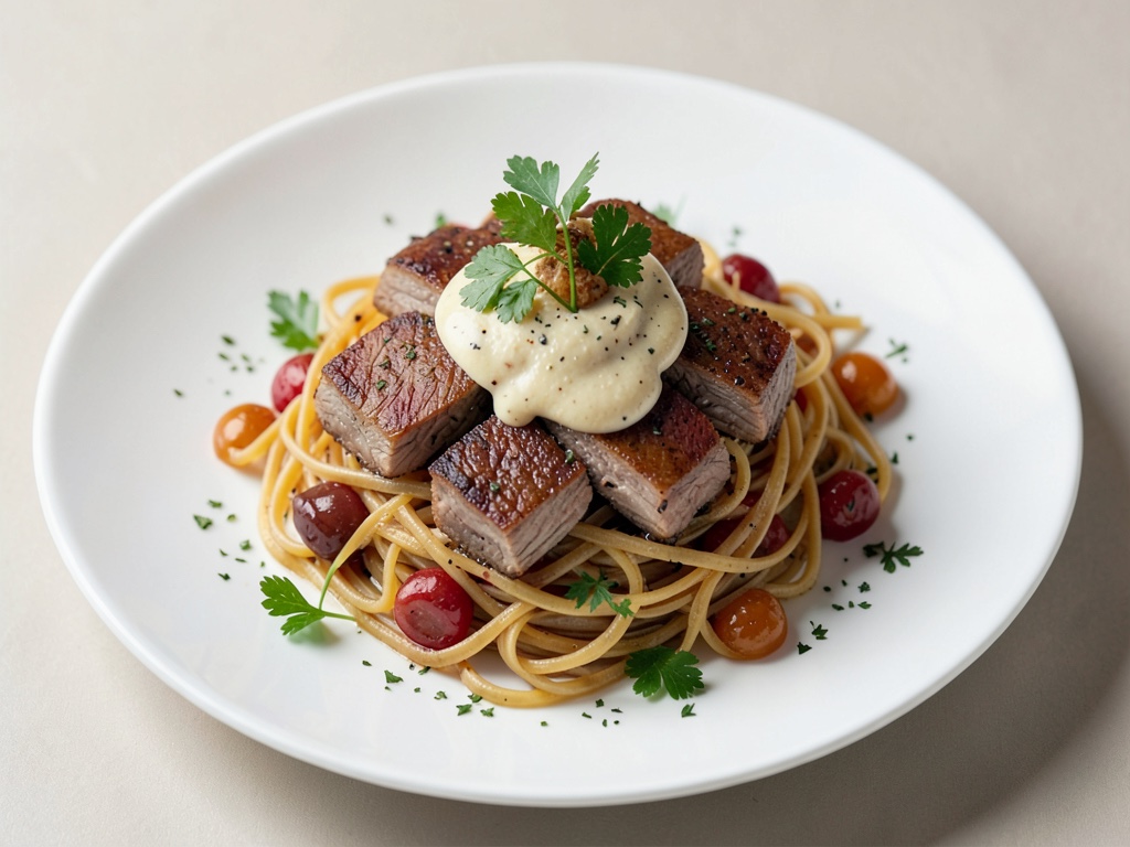 Cubetti di petto d'anatra su tagliatelle con crema dolce e aspra di datteri