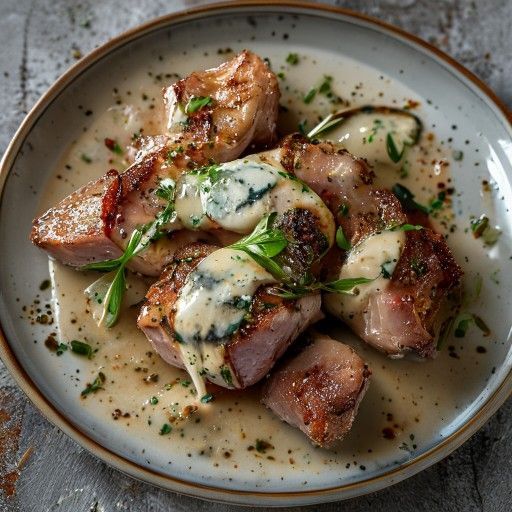 Petto d'anatra croccante con salsa cremosa al formaggio erborinato