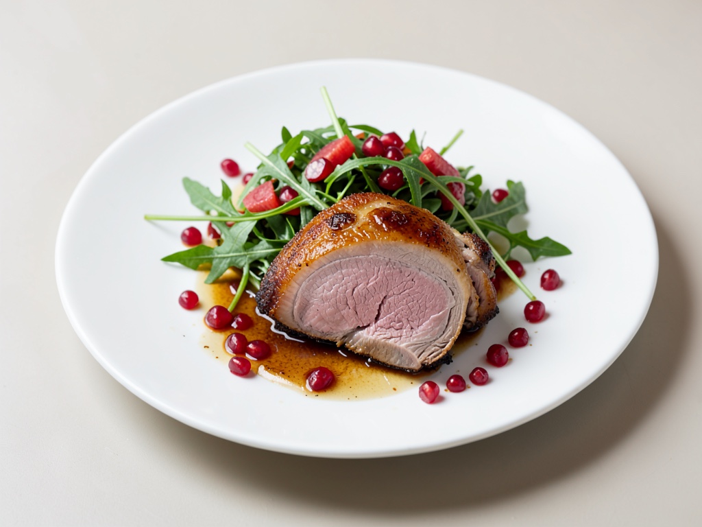 Petto d'anatra croccante con insalata di rucola e melograno