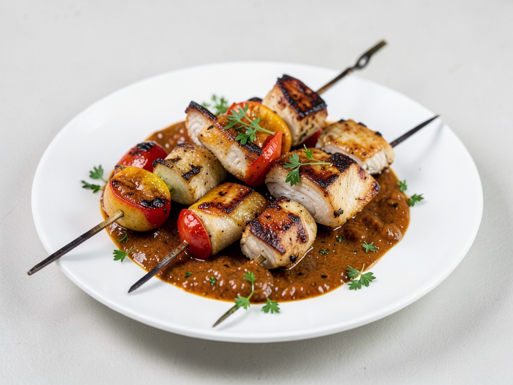 Spiedini di pesce e verdure alla griglia con salsa al curry