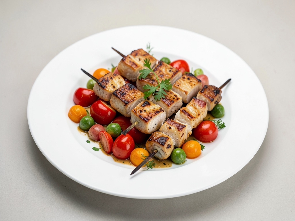 Spiedini di pesce alla griglia con verdure colorate