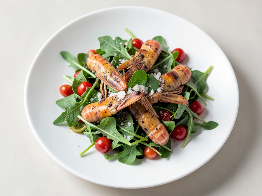 Gamberi su rucola croccante con papaya