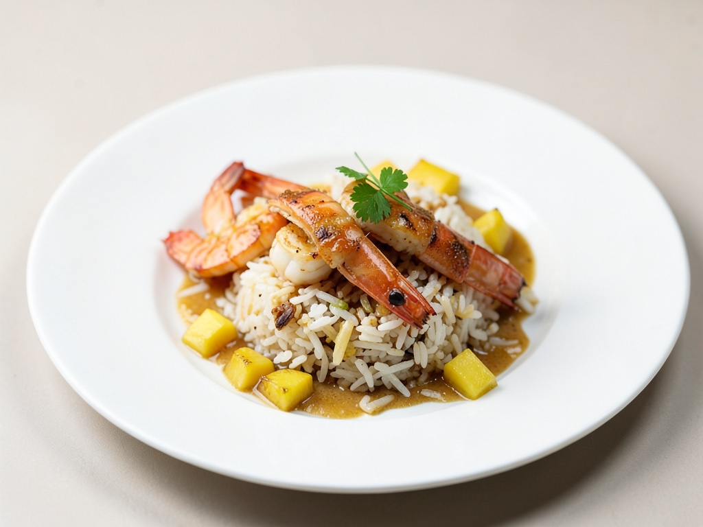 Gamberi con riso e ananas caramellato