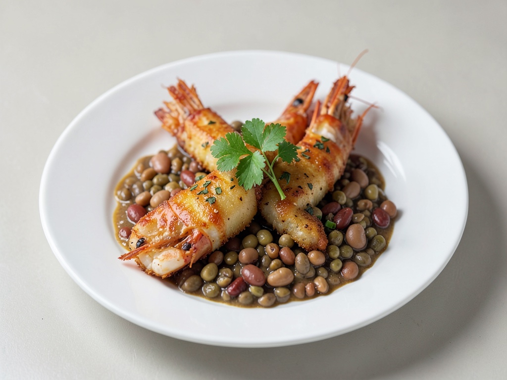 Crevettes aux lentilles et haricots