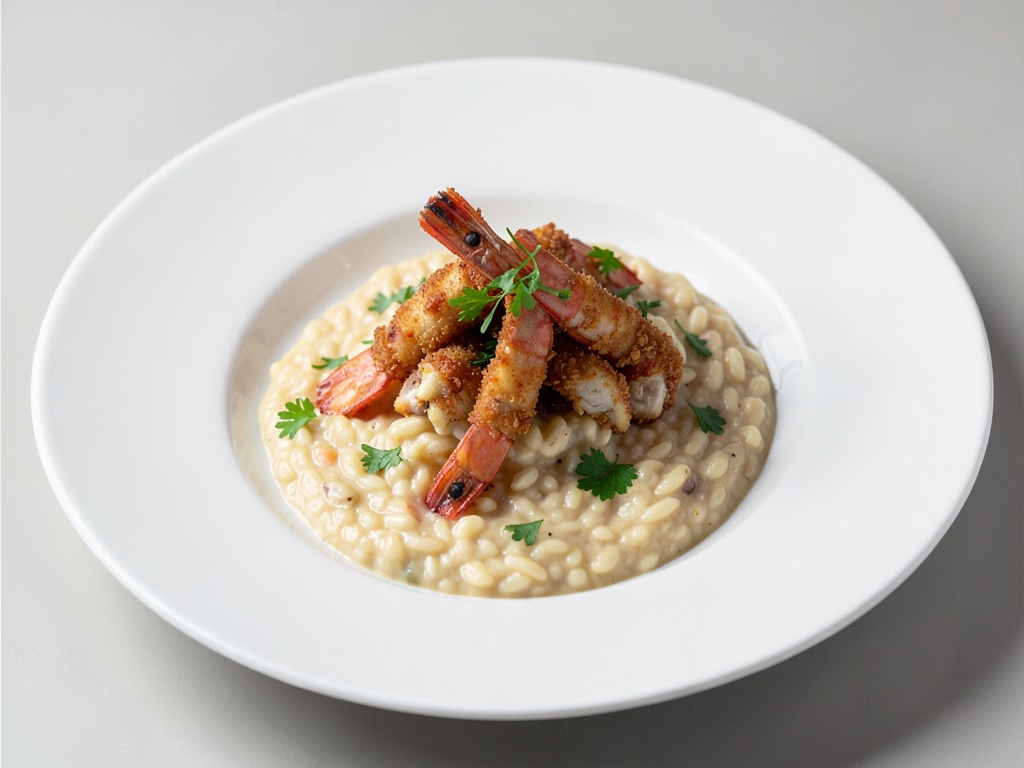 Gamberetti croccanti su risotto cremoso