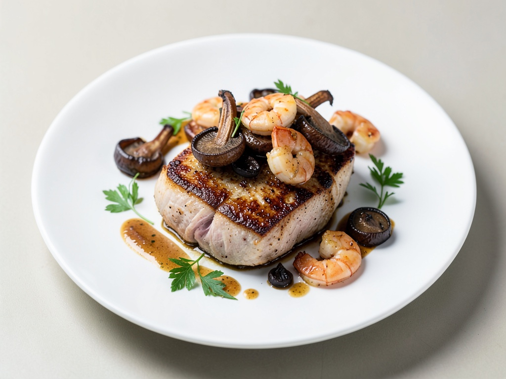 Petto di pollo fritto con funghi chanterelle e gamberi