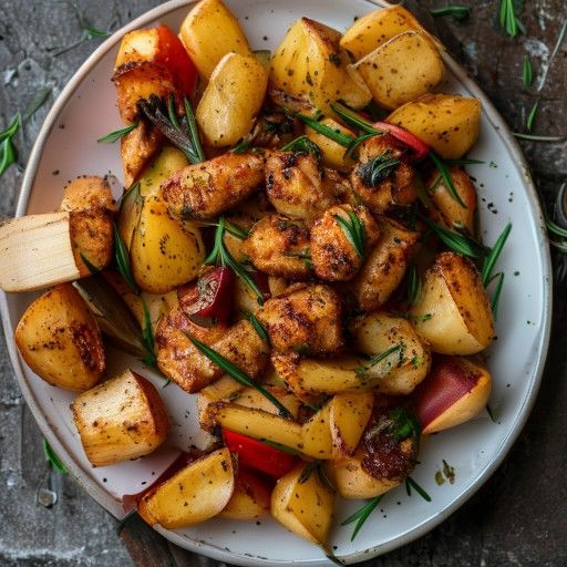 Cosce di pollo croccanti con patate al rosmarino e peperoni