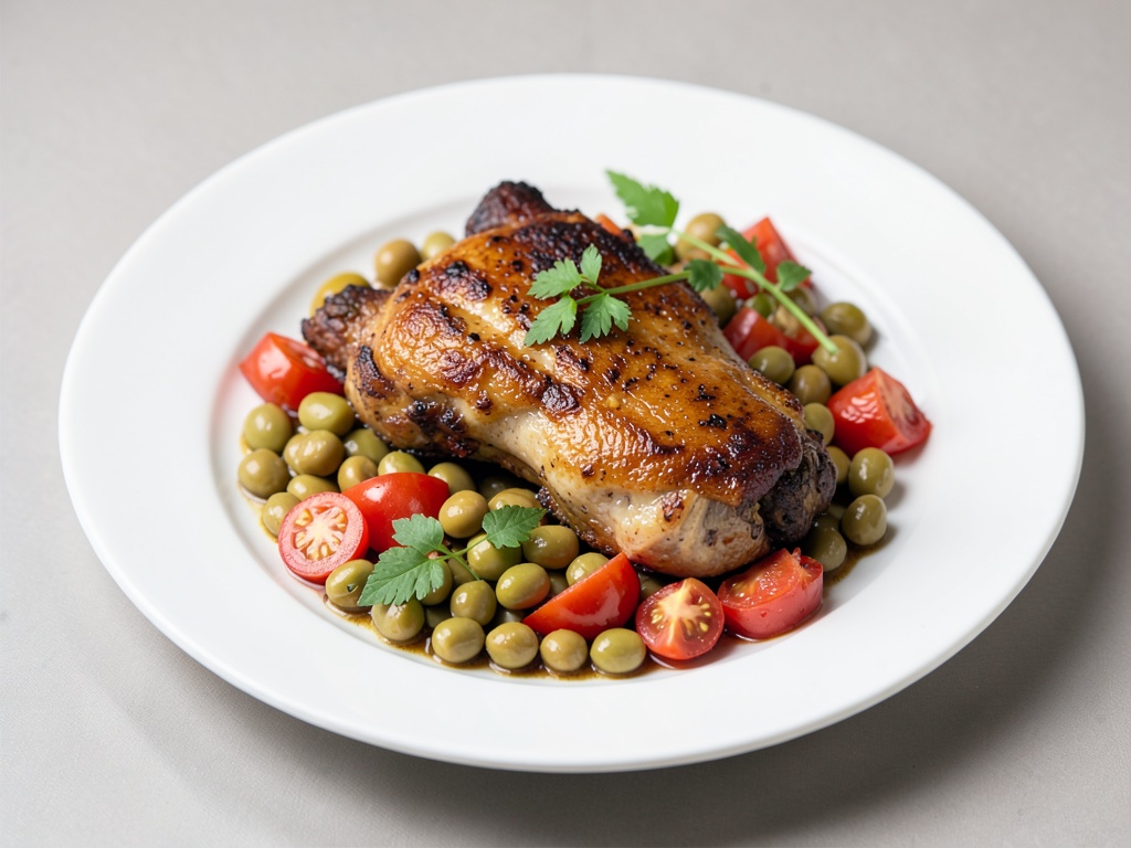 Cosce di pollo croccanti con verdure fresche di fagioli e pomodori