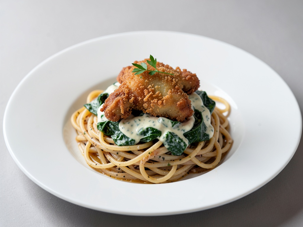 Spaghetti integrali con pollo fritto e crema di spinaci