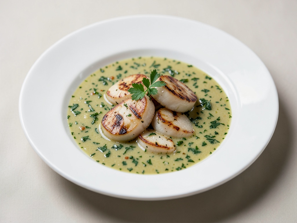 Almejas salteadas en sopa de hierbas